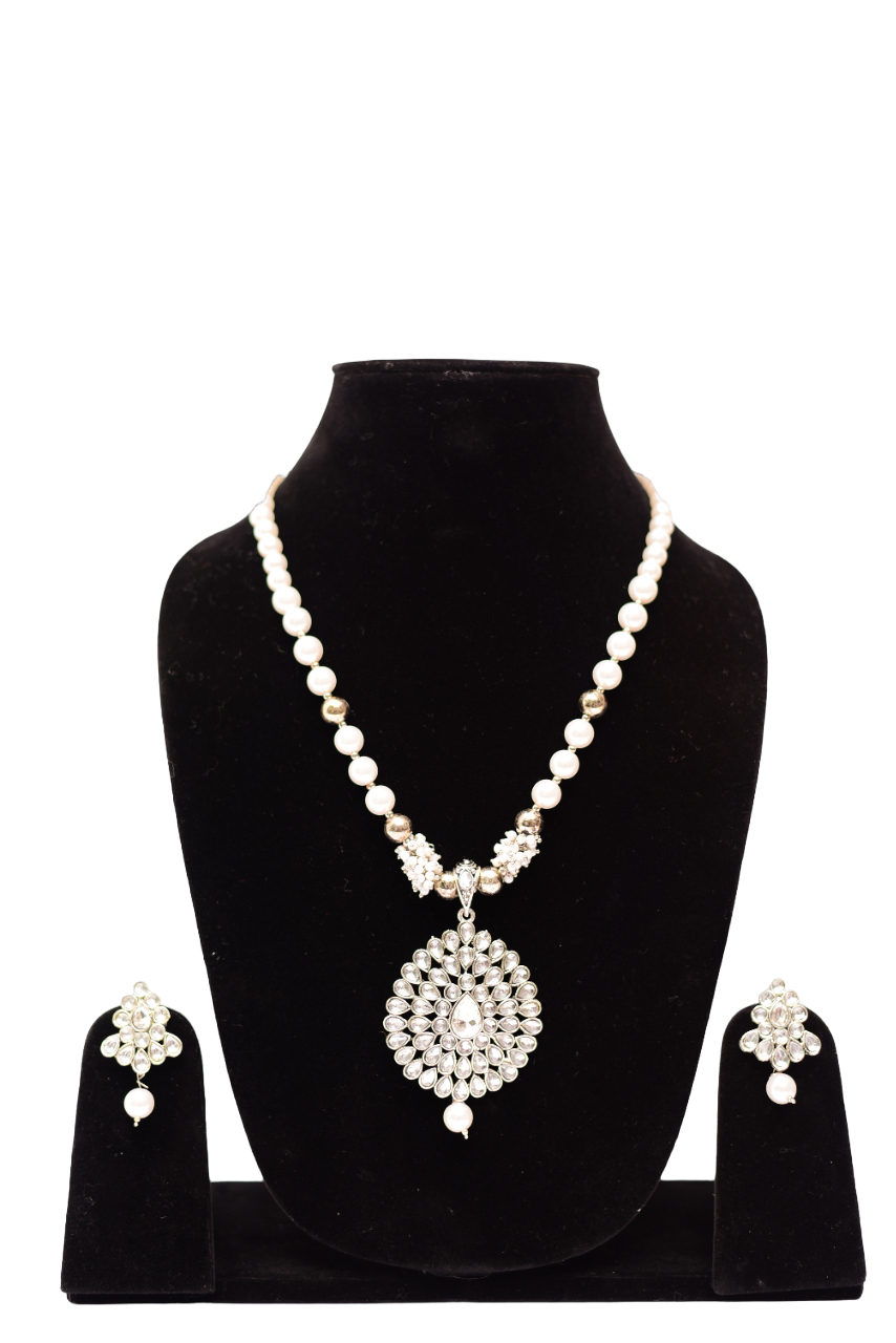 Namokriti Elegant White Pearl & Kundan Necklace Set for Women | Traditional Bridal Jewellery with Earrings